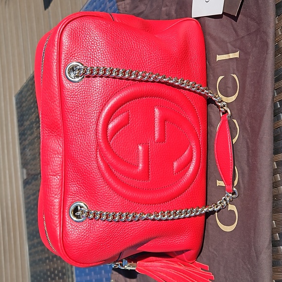 Gucci Soho Red Leather Bag GG Logo Gold Chain Tassel w/Everything - Picture 2 of 14